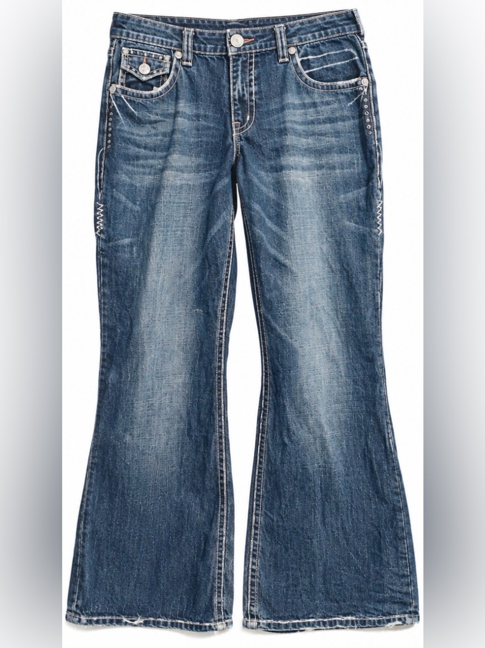 Y2k Vintage Distressed Flare McBling Thick Stitched Grunge Jeans Mid-Wash, 42